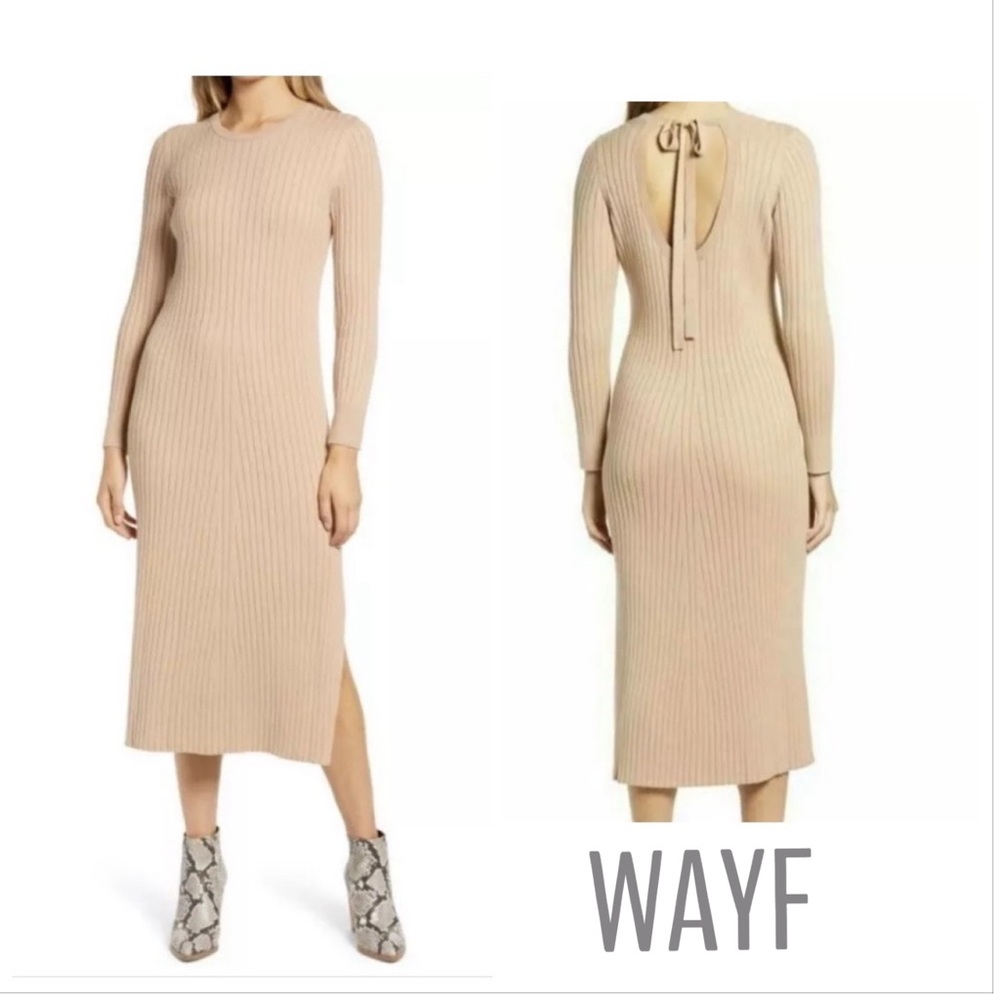 WAYF Ribbed Sweater Dress Camel Midi Length Scoop Back NWT SZ XS - Picture 12 of 12